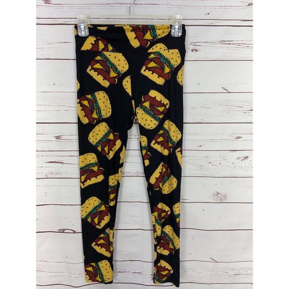 LuLaRoe Hamburger Leggings One size Double Cheeseburger Black Background With Do - Picture 1 of 5